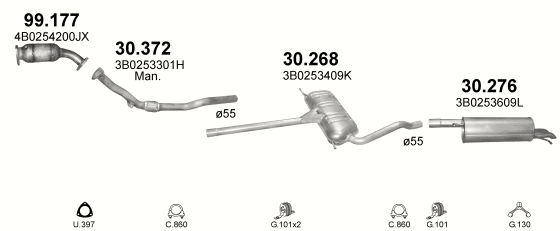 Skica izduvnog sistema za Volkswagen Passat 1.8, 1996–6/2005, sedan / limuzina / SW / karavan Skica izduvnog sistema za Volkswagen Passat 1.8, 1996–6/2005, sedan / limuzina / SW / karavan