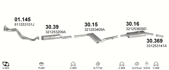 Skica izduvnog sistema za Volkswagen Passat 1.8, 1983–3/1988, liftbek / SW / karavan Skica izduvnog sistema za Volkswagen Passat 1.8, 1983–3/1988, liftbek / SW / karavan