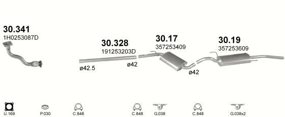 Skica izduvnog sistema za Volkswagen Passat 1.8, 1991–9/1993, sedan / limuzina / SW / karavan Skica izduvnog sistema za Volkswagen Passat 1.8, 1991–9/1993, sedan / limuzina / SW / karavan