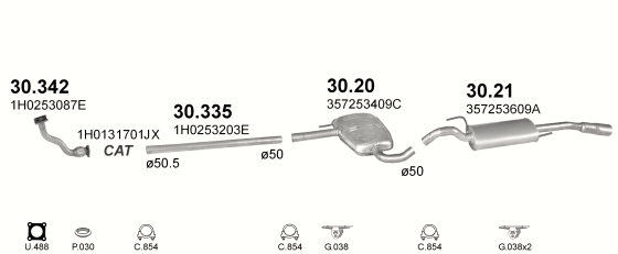 Skica izduvnog sistema za Volkswagen Passat 1.8, 1991–9/1993, sedan / limuzina / SW / karavan Skica izduvnog sistema za Volkswagen Passat 1.8, 1991–9/1993, sedan / limuzina / SW / karavan