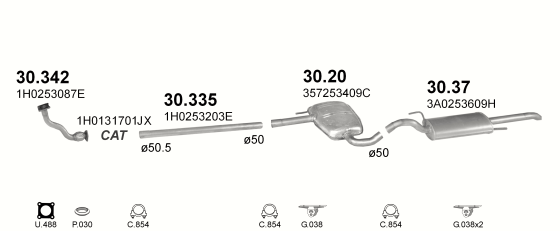 Skica izduvnog sistema za Volkswagen Passat 1.8, 1993–5/1995, sedan / limuzina / SW / karavan Skica izduvnog sistema za Volkswagen Passat 1.8, 1993–5/1995, sedan / limuzina / SW / karavan