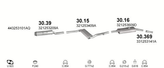 Skica izduvnog sistema za Volkswagen Passat 1.9, 1981–2/1988, liftbek / SW / karavan Skica izduvnog sistema za Volkswagen Passat 1.9, 1981–2/1988, liftbek / SW / karavan
