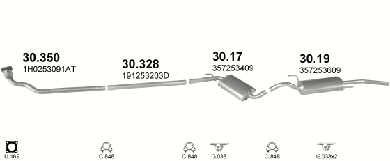 Skica izduvnog sistema za Volkswagen Passat 1.9 D, 1991–9/1993, sedan / limuzina / SW / karavan Skica izduvnog sistema za Volkswagen Passat 1.9 D, 1991–9/1993, sedan / limuzina / SW / karavan
