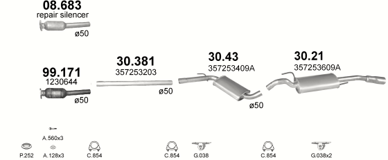 Skica izduvnog sistema za Volkswagen Passat 1.9 D, 1991–9/1993, sedan / limuzina / SW / karavan Skica izduvnog sistema za Volkswagen Passat 1.9 D, 1991–9/1993, sedan / limuzina / SW / karavan