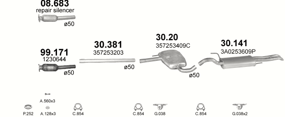 Skica izduvnog sistema za Volkswagen Passat 1.9 D, 1993–12/1996, sedan / limuzina / SW / karavan Skica izduvnog sistema za Volkswagen Passat 1.9 D, 1993–12/1996, sedan / limuzina / SW / karavan