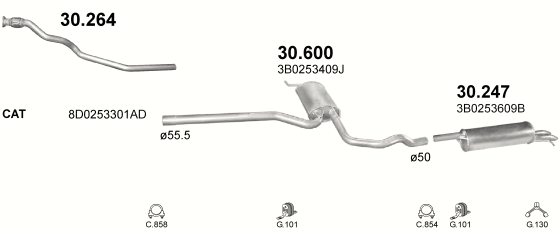 Skica izduvnog sistema za Volkswagen Passat 1.9 D, 1995–4/1999 · 1996–9/2000, sedan / limuzina / SW / karavan Skica izduvnog sistema za Volkswagen Passat 1.9 D, 1995–4/1999 · 1996–9/2000, sedan / limuzina / SW / karavan