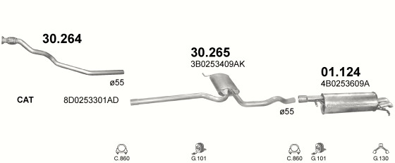 Skica izduvnog sistema za Volkswagen Passat 1.9 D, 1999–9/2000 · 2000–6/2005, sedan / limuzina / SW / karavan Skica izduvnog sistema za Volkswagen Passat 1.9 D, 1999–9/2000 · 2000–6/2005, sedan / limuzina / SW / karavan