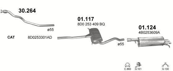 Skica izduvnog sistema za Volkswagen Passat 1.9 D, 2000–6/2005, sedan / limuzina / SW / karavan Skica izduvnog sistema za Volkswagen Passat 1.9 D, 2000–6/2005, sedan / limuzina / SW / karavan