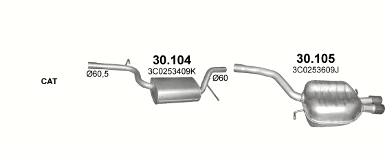 Skica izduvnog sistema za Volkswagen Passat 2.0, 2005–8/2010, sedan / limuzina / SW / karavan Skica izduvnog sistema za Volkswagen Passat 2.0, 2005–8/2010, sedan / limuzina / SW / karavan