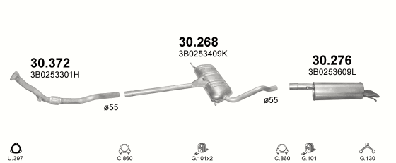 Skica izduvnog sistema za Volkswagen Passat 2.0, 2000–6/2005, sedan / limuzina / SW / karavan Skica izduvnog sistema za Volkswagen Passat 2.0, 2000–6/2005, sedan / limuzina / SW / karavan