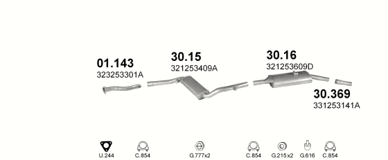 Skica izduvnog sistema za Volkswagen Passat 2.2, 1984–3/1988, liftbek / SW / karavan Skica izduvnog sistema za Volkswagen Passat 2.2, 1984–3/1988, liftbek / SW / karavan