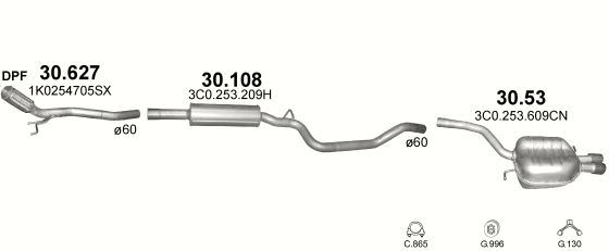 Skica izduvnog sistema za Volkswagen Passat CC 2.0 D, 2008–8/2010, kupe Skica izduvnog sistema za Volkswagen Passat CC 2.0 D, 2008–8/2010, kupe