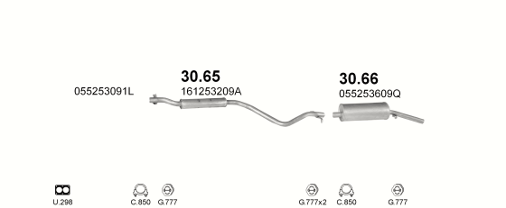 Skica izduvnog sistema za Volkswagen Scirocco 1.6, 1975–3/1981, kupe Skica izduvnog sistema za Volkswagen Scirocco 1.6, 1975–3/1981, kupe