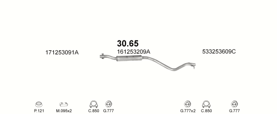 Skica izduvnog sistema za Volkswagen Scirocco 1.8, 1983–12/1983, kupe Skica izduvnog sistema za Volkswagen Scirocco 1.8, 1983–12/1983, kupe