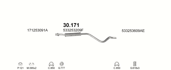 Skica izduvnog sistema za Volkswagen Scirocco 1.8, 1984–9/1986, kupe Skica izduvnog sistema za Volkswagen Scirocco 1.8, 1984–9/1986, kupe
