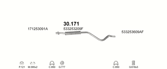 Skica izduvnog sistema za Volkswagen Scirocco 1.8, 1984–9/1986, kupe Skica izduvnog sistema za Volkswagen Scirocco 1.8, 1984–9/1986, kupe