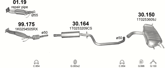 Skica izduvnog sistema za Volkswagen Touran 1.6, 2003–5/2010, monovolumen