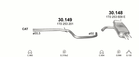 Skica izduvnog sistema za Volkswagen Touran 1.9 D, 2004–5/2010 · 2005–5/2010, monovolumen