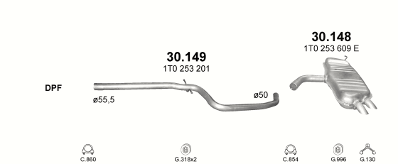 Skica izduvnog sistema za Volkswagen Touran 1.9 D, 2005–5/2010, monovolumen