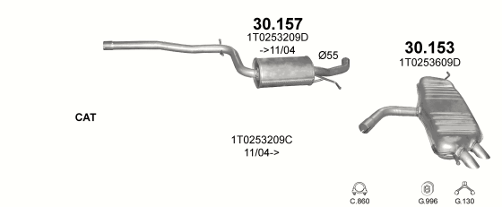 Skica izduvnog sistema za Volkswagen Touran 2.0 D, 2003–5/2010, monovolumen
