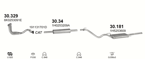 Skica izduvnog sistema za Volkswagen Vento 1.4, 1991–7/1993, sedan / limuzina