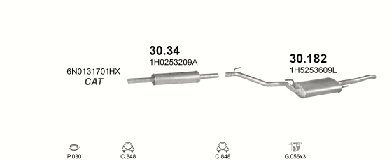 Skica izduvnog sistema za Volkswagen Vento 1.4, 1994–2/1999, sedan / limuzina