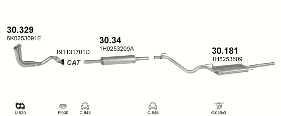 Skica izduvnog sistema za Volkswagen Vento 1.6, 1992–7/1993, sedan / limuzina