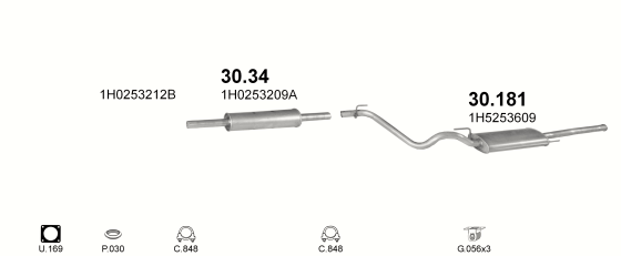 Skica izduvnog sistema za Volkswagen Vento 1.8, 1991–7/1993, sedan / limuzina