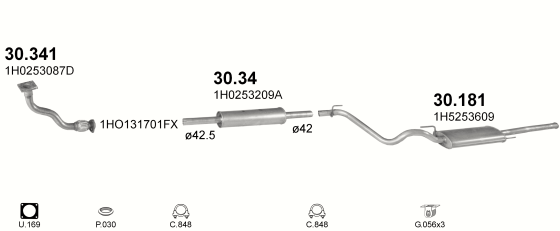 Skica izduvnog sistema za Volkswagen Vento 1.8, 1991–7/1993, sedan / limuzina