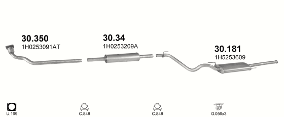 Skica izduvnog sistema za Volkswagen Vento 1.9 D, 1991–7/1993, sedan / limuzina
