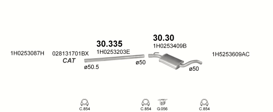 Skica izduvnog sistema za Volkswagen Vento 1.9 D, 1994–2/1999, sedan / limuzina