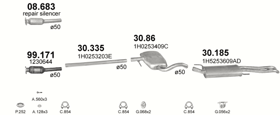 Skica izduvnog sistema za Volkswagen Vento 1.9 D, 1994–7/1996, sedan / limuzina