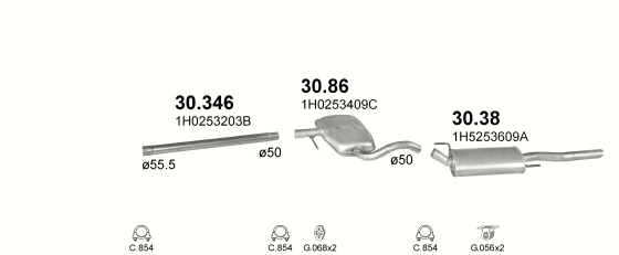 Skica izduvnog sistema za Volkswagen Vento 2.0, 1997–2/1999, sedan / limuzina