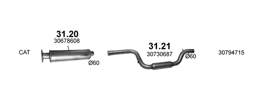 Skica izduvnog sistema za Volvo C70 II 2.4, 2006–2012, kabriolet Skica izduvnog sistema za Volvo C70 II 2.4, 2006–2012, kabriolet