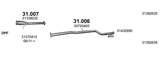 Skica izduvnog sistema za Volvo V60 2.4 D, 2010–12/2015, SW / karavan