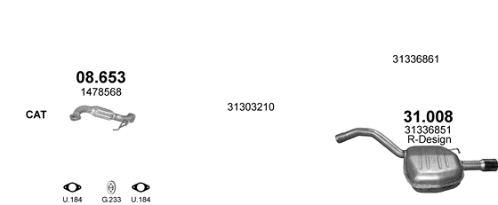 Skica izduvnog sistema za Volvo V70 III 1.6 D, 2010–12/2011, SW / karavan
