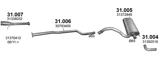 Skica izduvnog sistema za Volvo XC60 2.0 D, 2010–12/2015 · 2010–12/2014, SUV / terenac Skica izduvnog sistema za Volvo XC60 2.0 D, 2010–12/2015 · 2010–12/2014, SUV / terenac