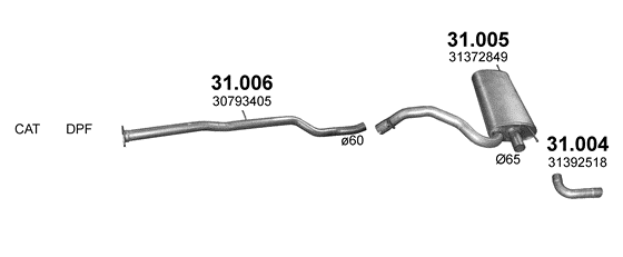 Skica izduvnog sistema za Volvo XC60 2.4 D, 2008–12/2009, SUV / terenac Skica izduvnog sistema za Volvo XC60 2.4 D, 2008–12/2009, SUV / terenac