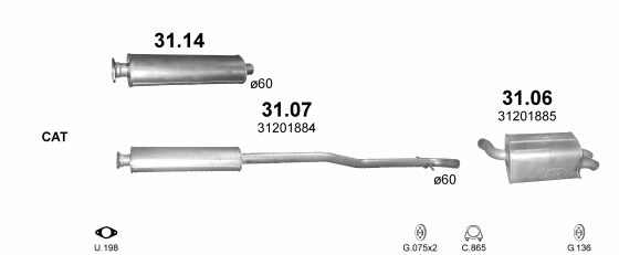 Skica izduvnog sistema za Volvo XC90 2.4 D, 2003–2014, SUV / terenac