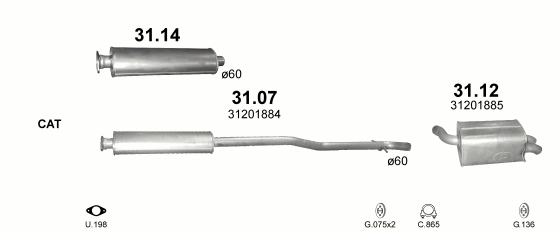 Skica izduvnog sistema za Volvo XC90 2.9, 2002–2006, SUV / terenac